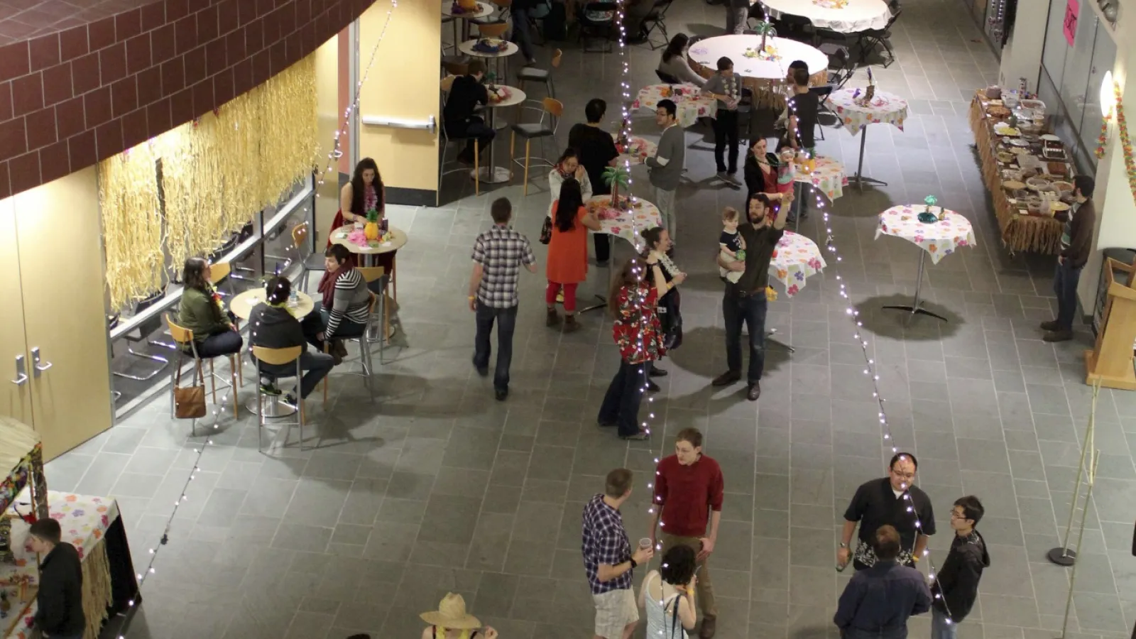 Looking down at crowd milling about in PRB Atrium