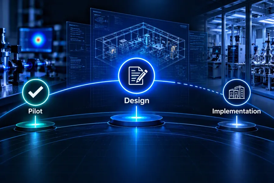 Three-stage path — Pilot (complete), Design (current), Implementation (ahead) — set against a laser laboratory, a testbed blueprint, and a finished facility.