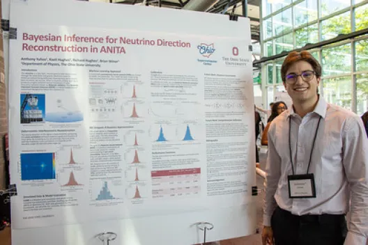 Student Anthony Yuhos standing beside his poster for SRP