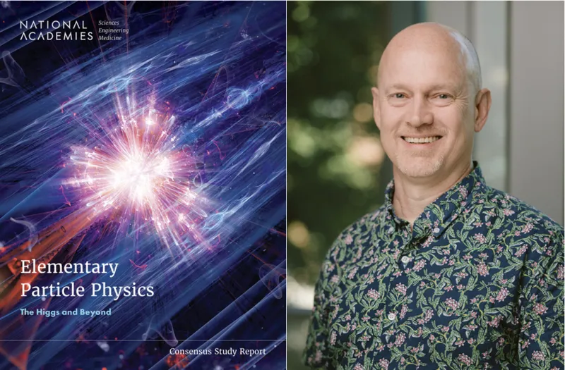 Cover of the Elementary Particle Physics article on the left, and headshot of John Beacom on the right